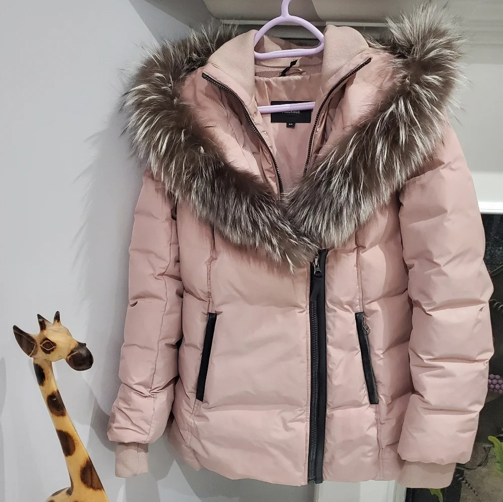 MACKAGE Soft Pink Adali Silver Fox Fur Signature Collar Down Coat - Picture 14 of 16